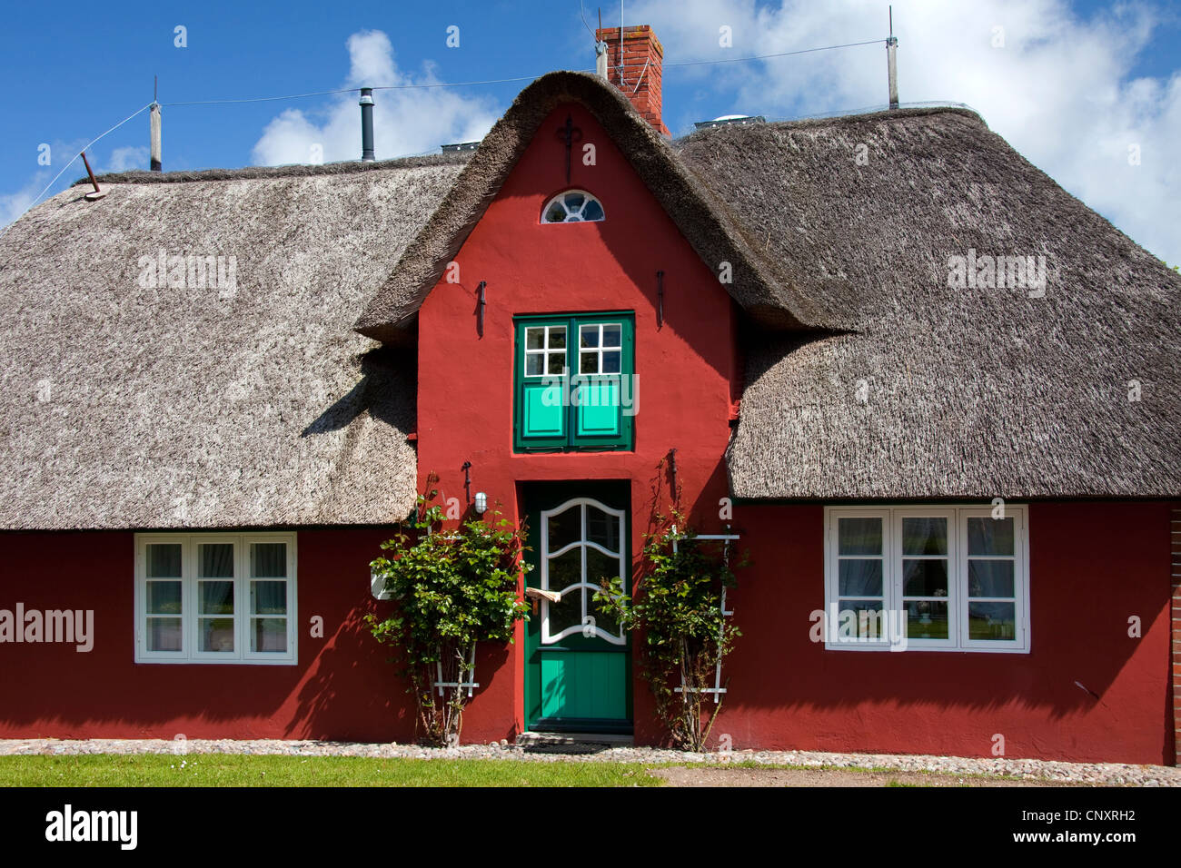 Traditionellen friesischen reetgedeckten Haus in Süderende auf der Insel Föhr in Nordfriesland / Friesland, Norddeutschland Stockfoto