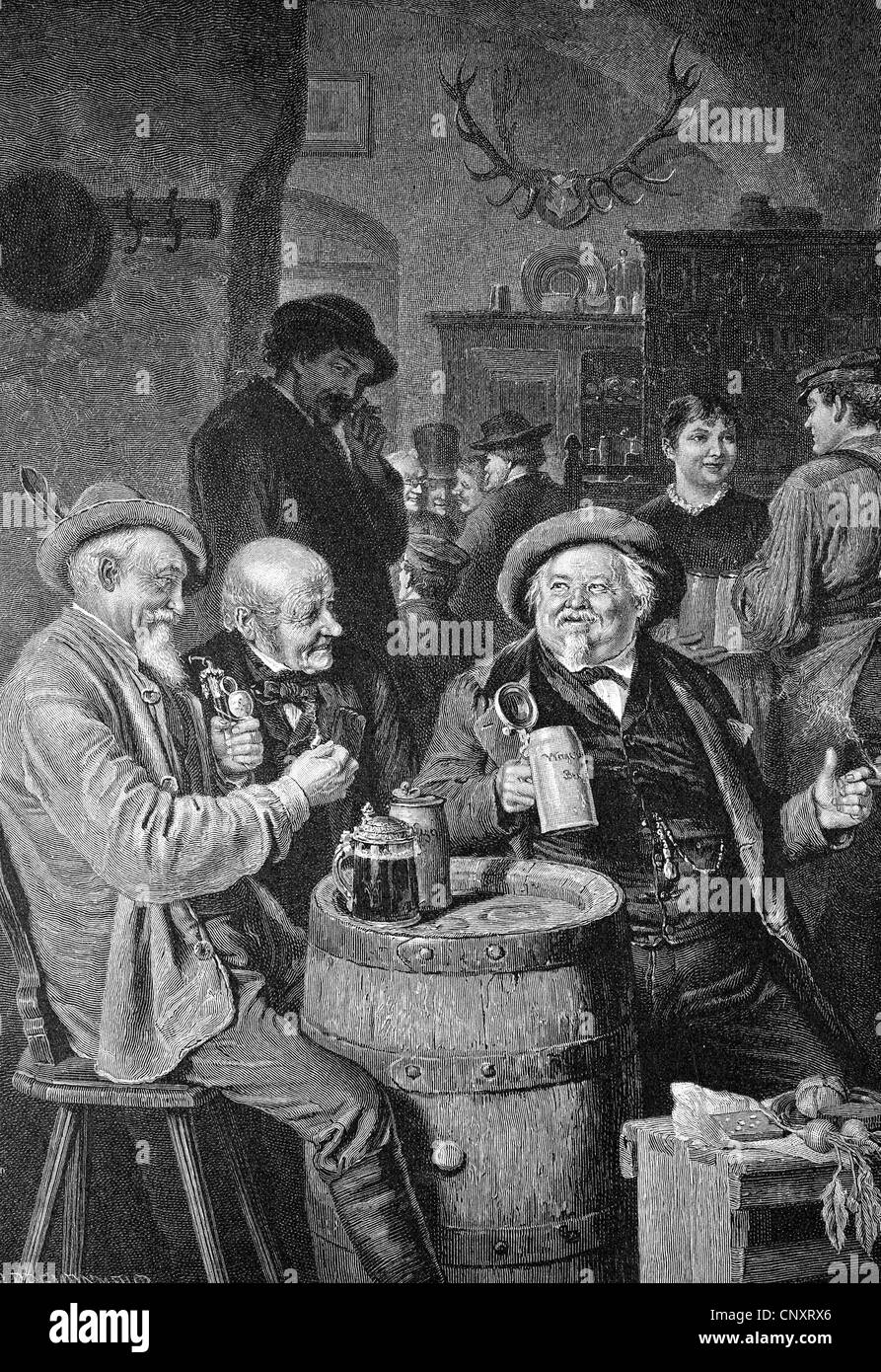 Männer trinken Bier, historische Gravuren, 1888 Stockfoto