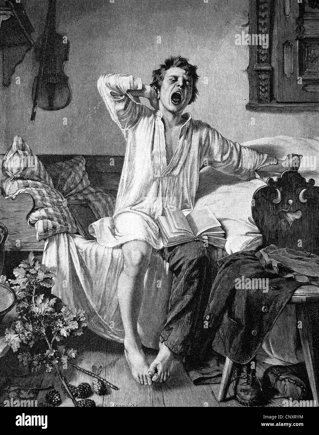 Junger Mann ist am Morgen noch müde, historische Gravuren, 1888 Stockfoto