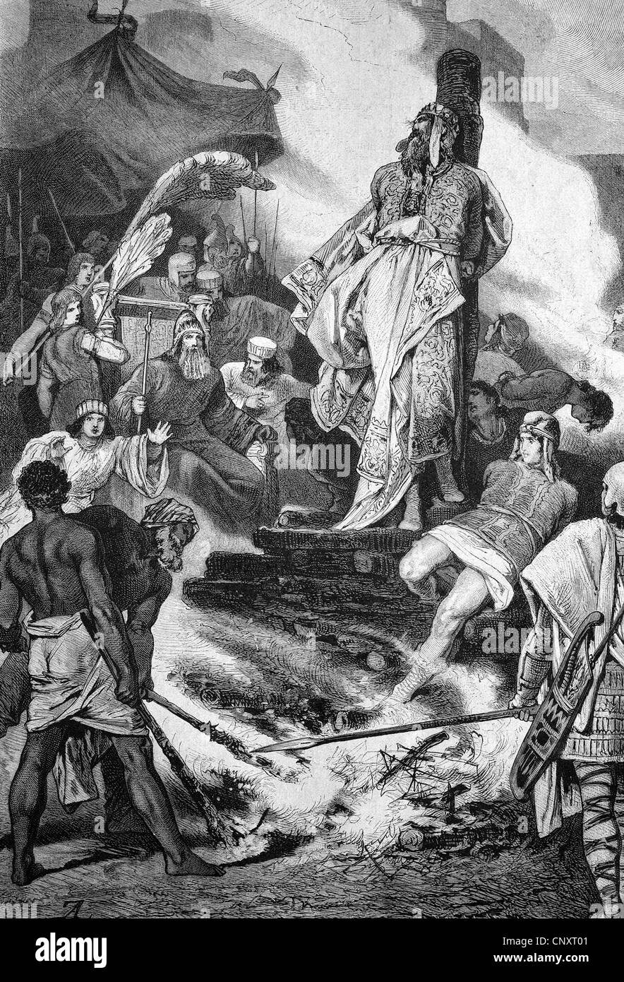 Krösus auf dem Scheiterhaufen, historische Gravuren, 1888 Stockfoto