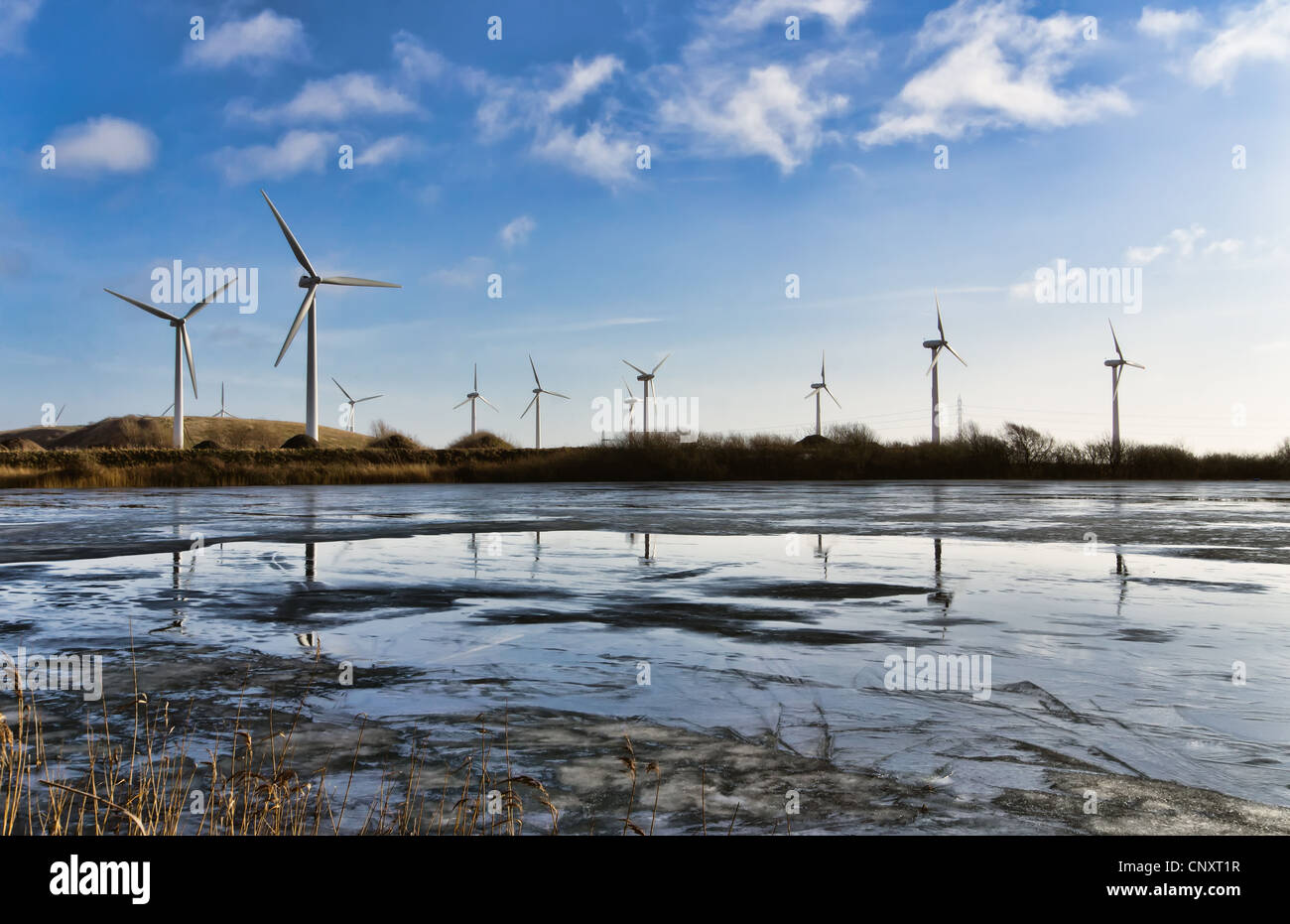 In der Nähe von Esbjerg, Dänemark ist ein sehr großes Windrad-Bauernhof. Stockfoto