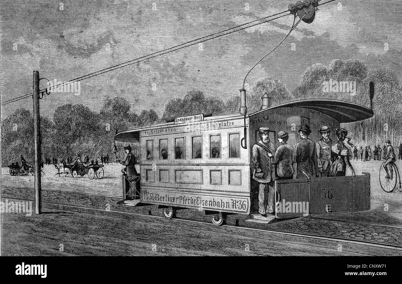 Elektrische Eisenbahn von Charlottenburg nach Spandau Hill, Berlin, Deutschland, historische Gravuren, 1888 Stockfoto