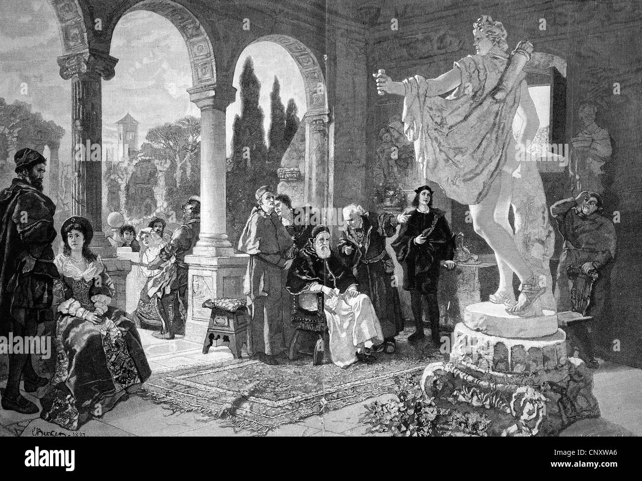 Papst Julius II. besucht die ausgegrabene Statue des Apoll von Belvedere, historische Abbildung, Holzschnitt, ca. 1888 Stockfoto