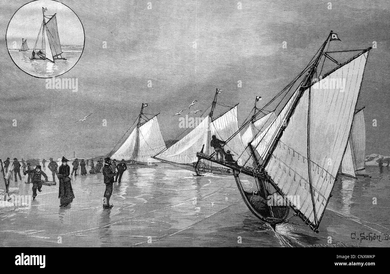 Boote Segeln auf Eis, Ostsee, historische Holzstich, um 1897 Stockfoto