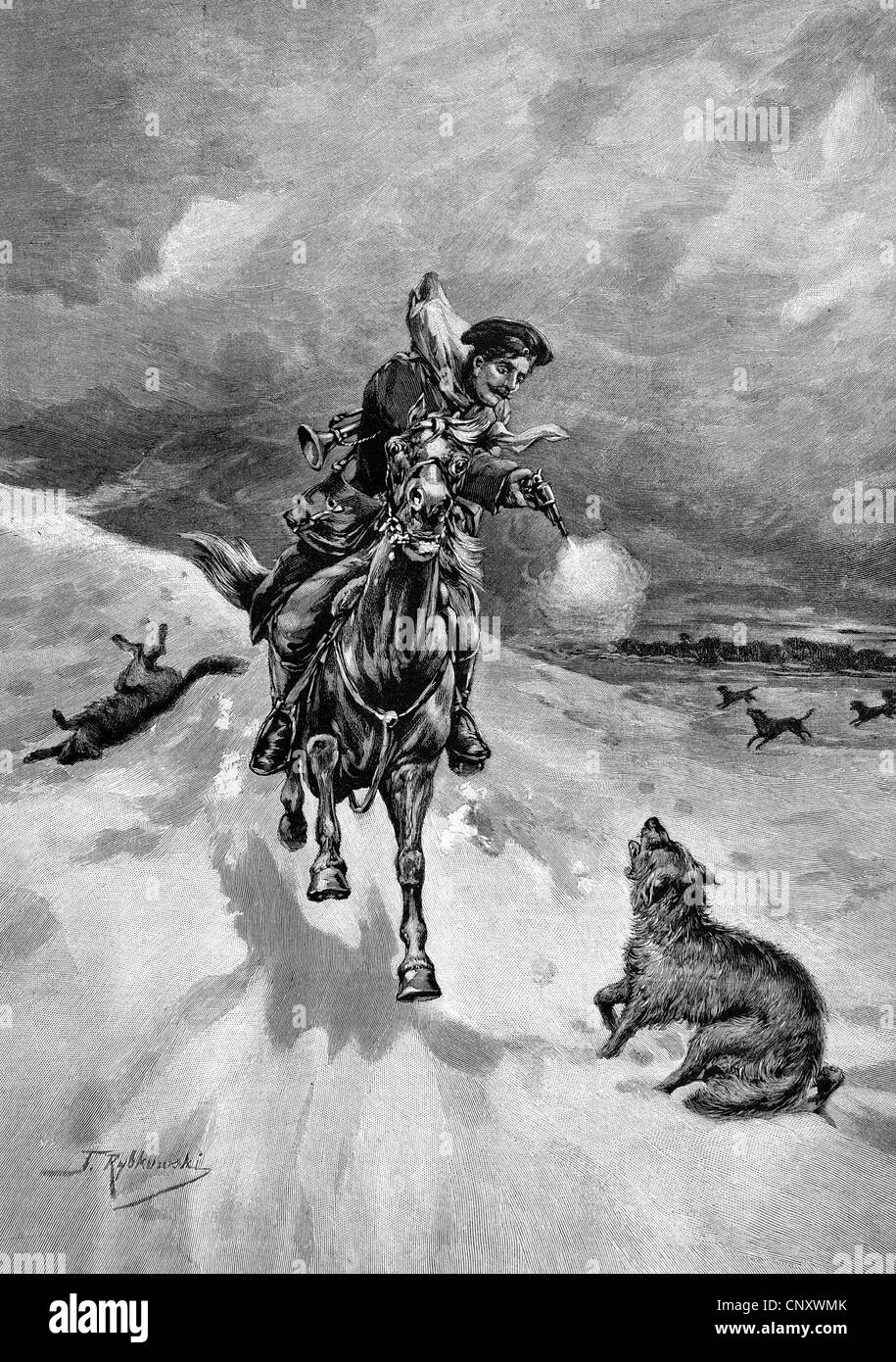 Russische Briefträger von Wölfen, historische Holzstich, ca. 1897 angegriffen Stockfoto