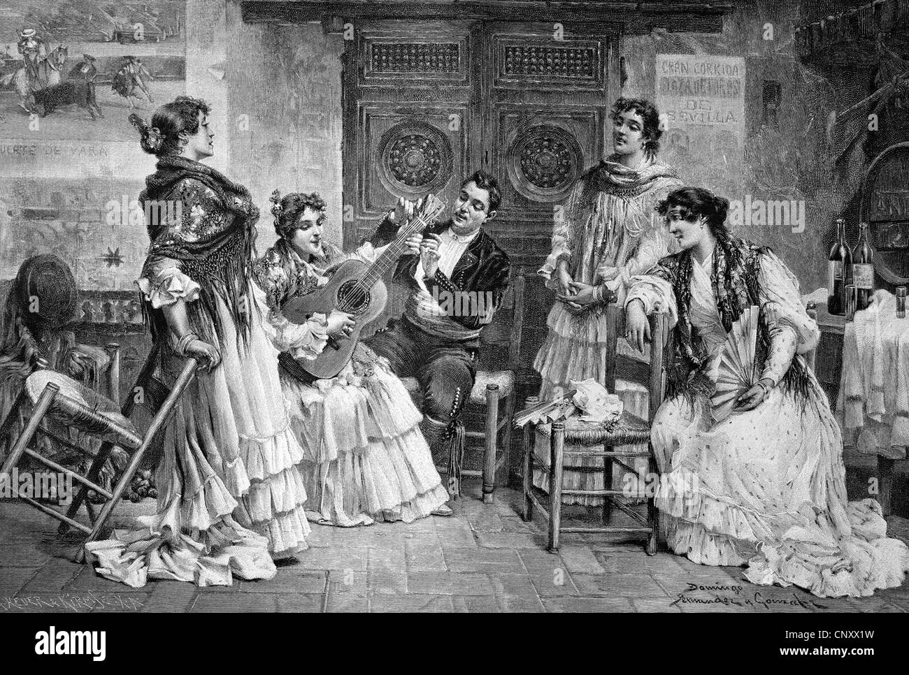 Anfänger unter Gitarrenunterricht, historische Holzstich, ca. 1897 Stockfoto