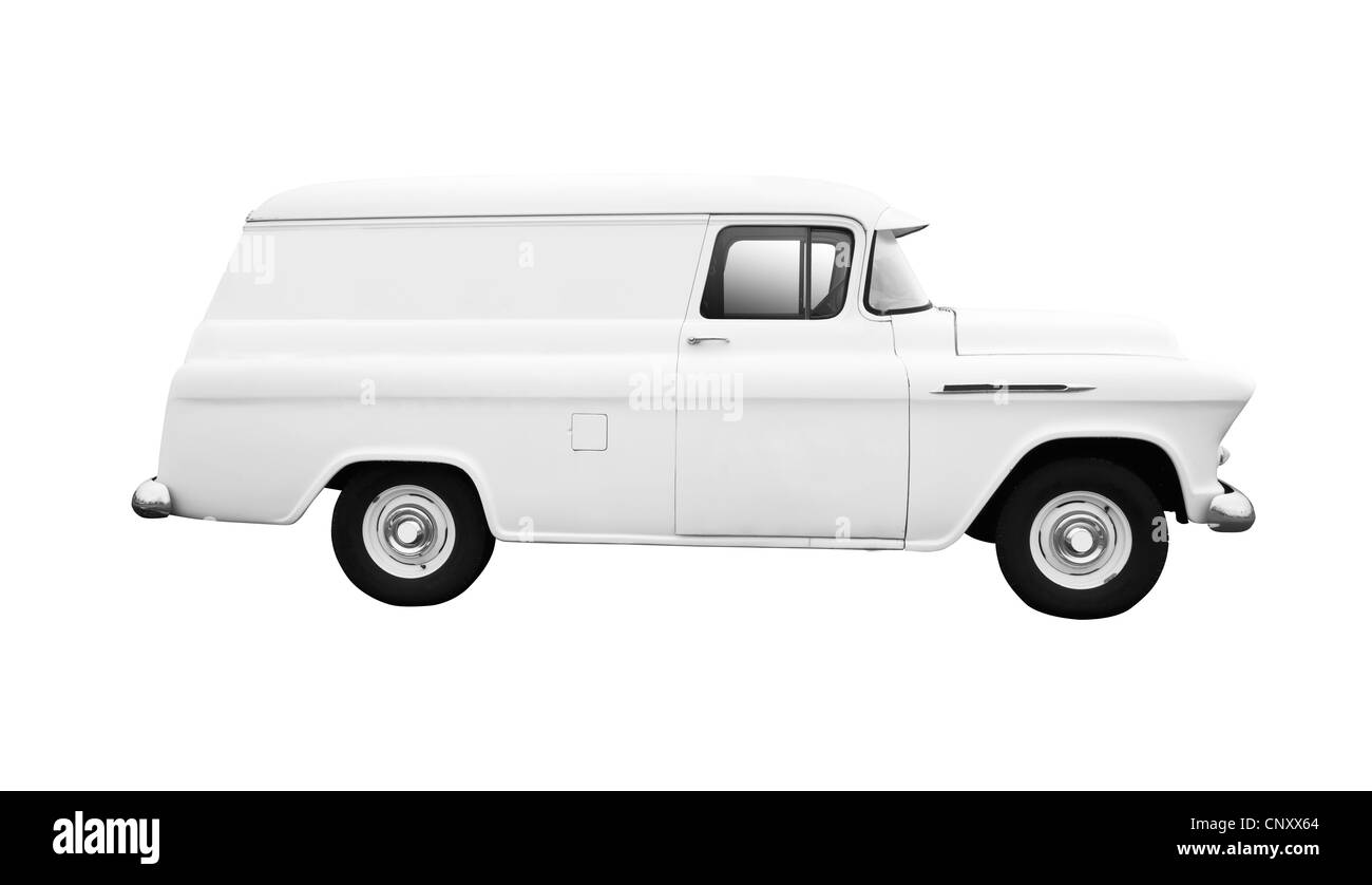 Vintage weißen Lieferwagen isoliert auf weißem Hintergrund-Seitenansicht Stockfoto