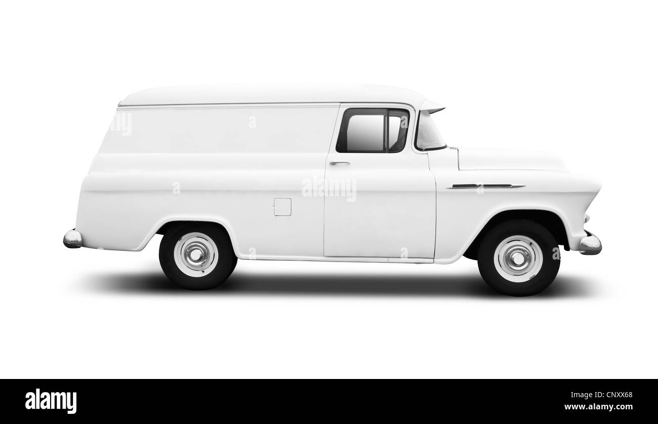 Vintage White Lieferwagen auf weiß mit Drop Shadow-Seitenansicht Stockfoto