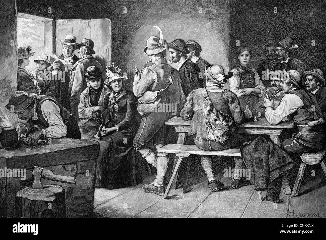 Gruppe von Menschen auf dem Inn, historische Holzstich, ca. 1897 Stockfoto