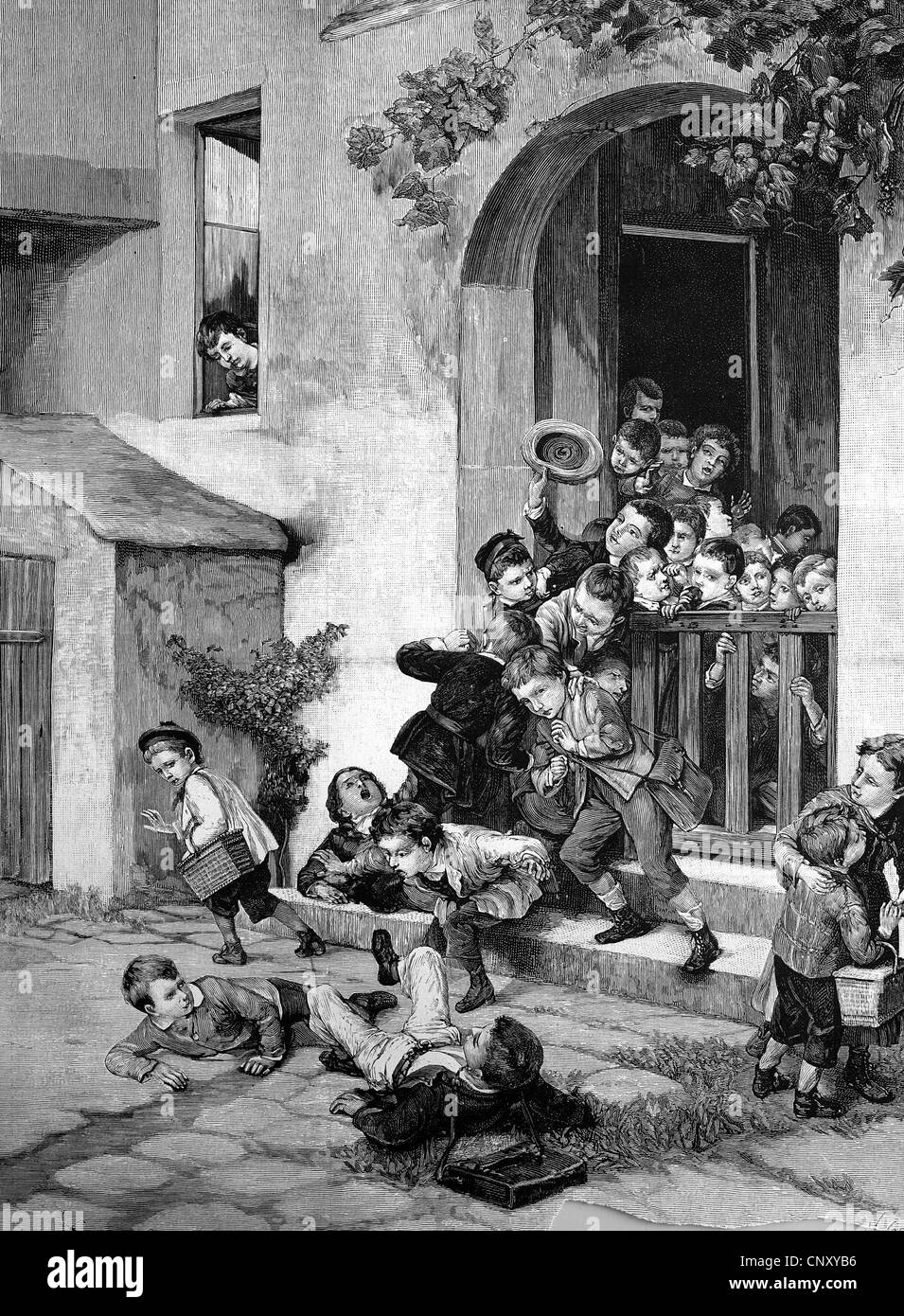 Hektik am Tor kurz nach Schulabschluss, historische Holzstich ca. 1888 Stockfoto