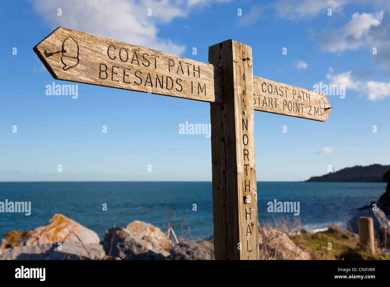 Wegweiser für die South Devon Küste Weg, Nord Hallsands, Devon, England Stockfoto