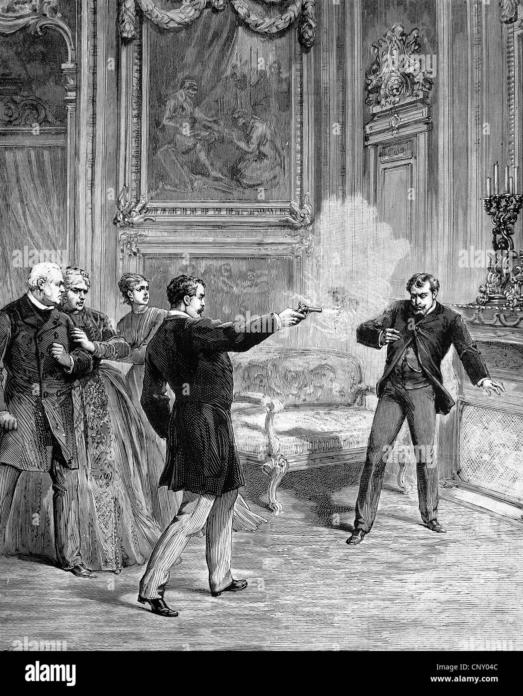 Fatal Schuss mit einer Pistole, historischen Holzschnitt, ca. 1888 Stockfoto