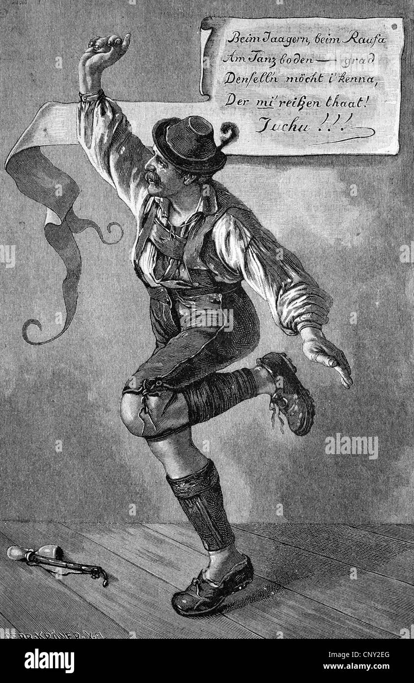 Schuhplattler, ein traditioneller Volkstanz der österreichisch-bayerischen Deutschland, historische Gravuren, ca. 1888 Stockfoto