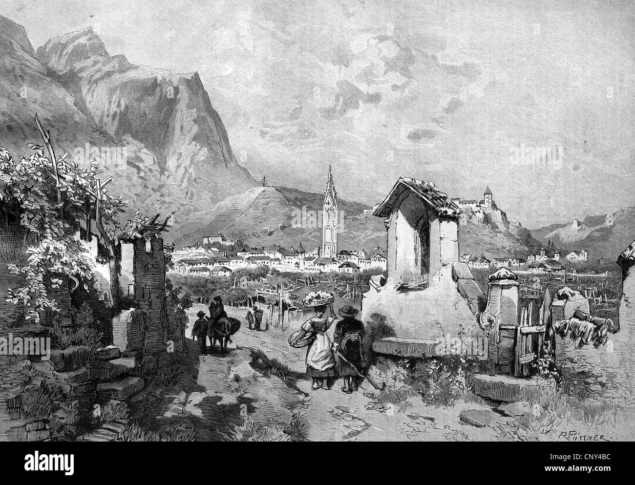 Tramin, Provinz von Bolzano-Bozen, Italien, historische Illustration, Holzschnitt, ca. 1888 Stockfoto