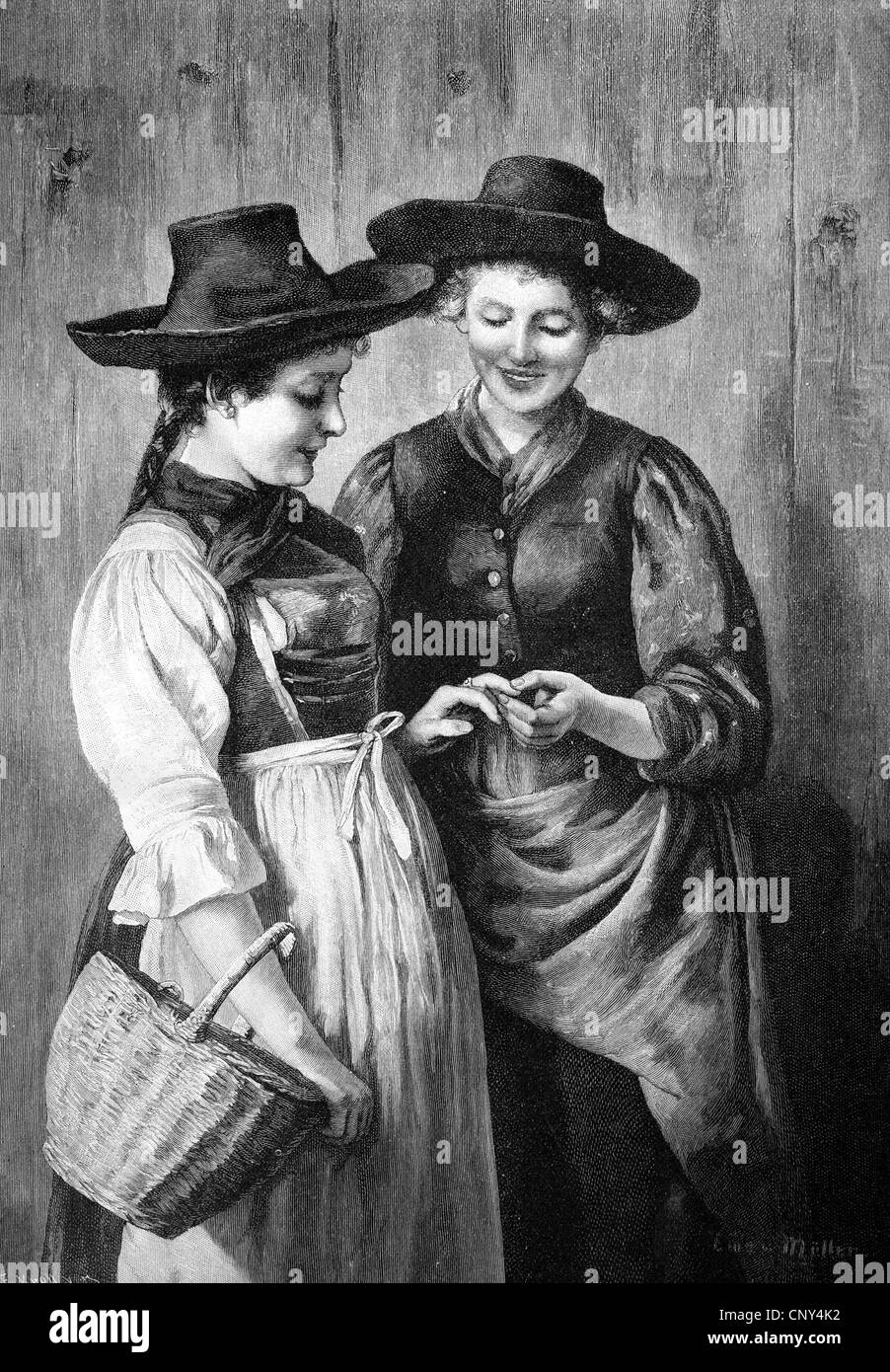 Zwei Frauen, die einen Verlobungsring, historische Abbildung betrachten Holz Gravur, ca. 1888 Stockfoto