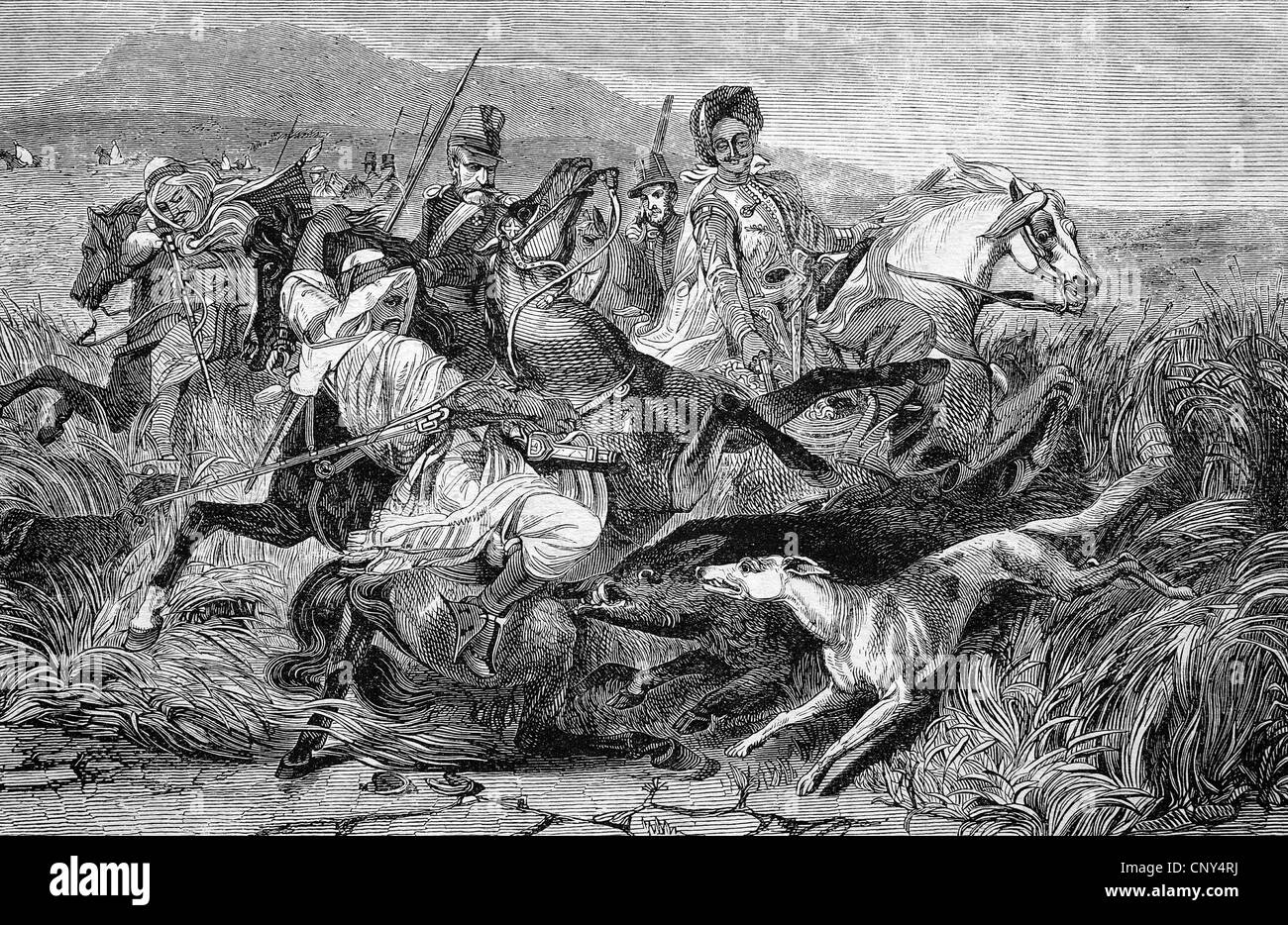 Arabische Wildschwein Jäger, historische Holzstich ca. 1888 Stockfoto
