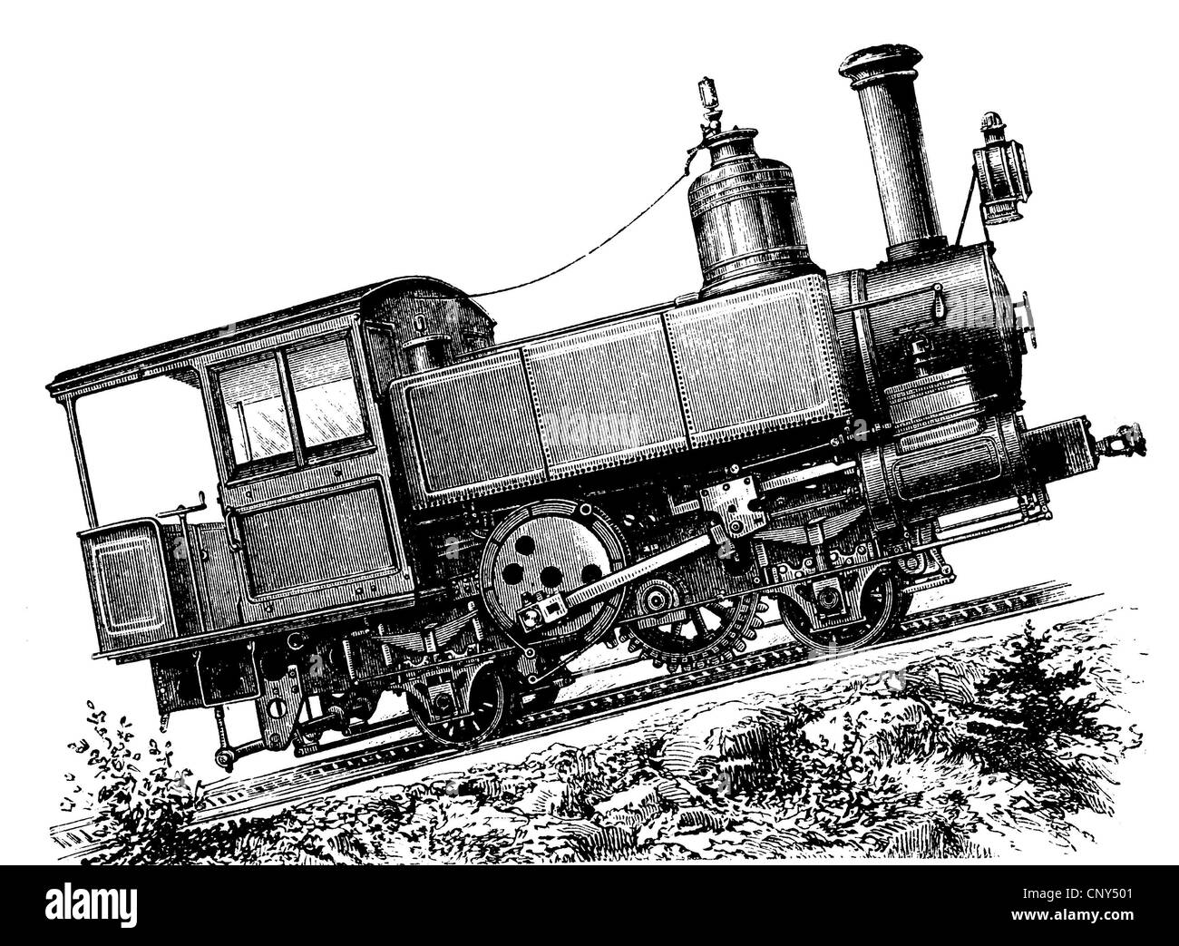 Zahnradbahn basierend auf das Rack-System Riggenbach, historische Holzstich ca. 1888 Stockfoto