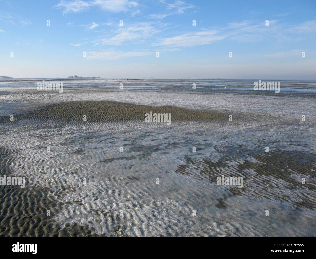 frostigen Nordsee Coas in Niedersaechsisches Wattenmeer Nationalpark, Bensersiel, Ostfriesland, Niedersachsen, Deutschland Stockfoto