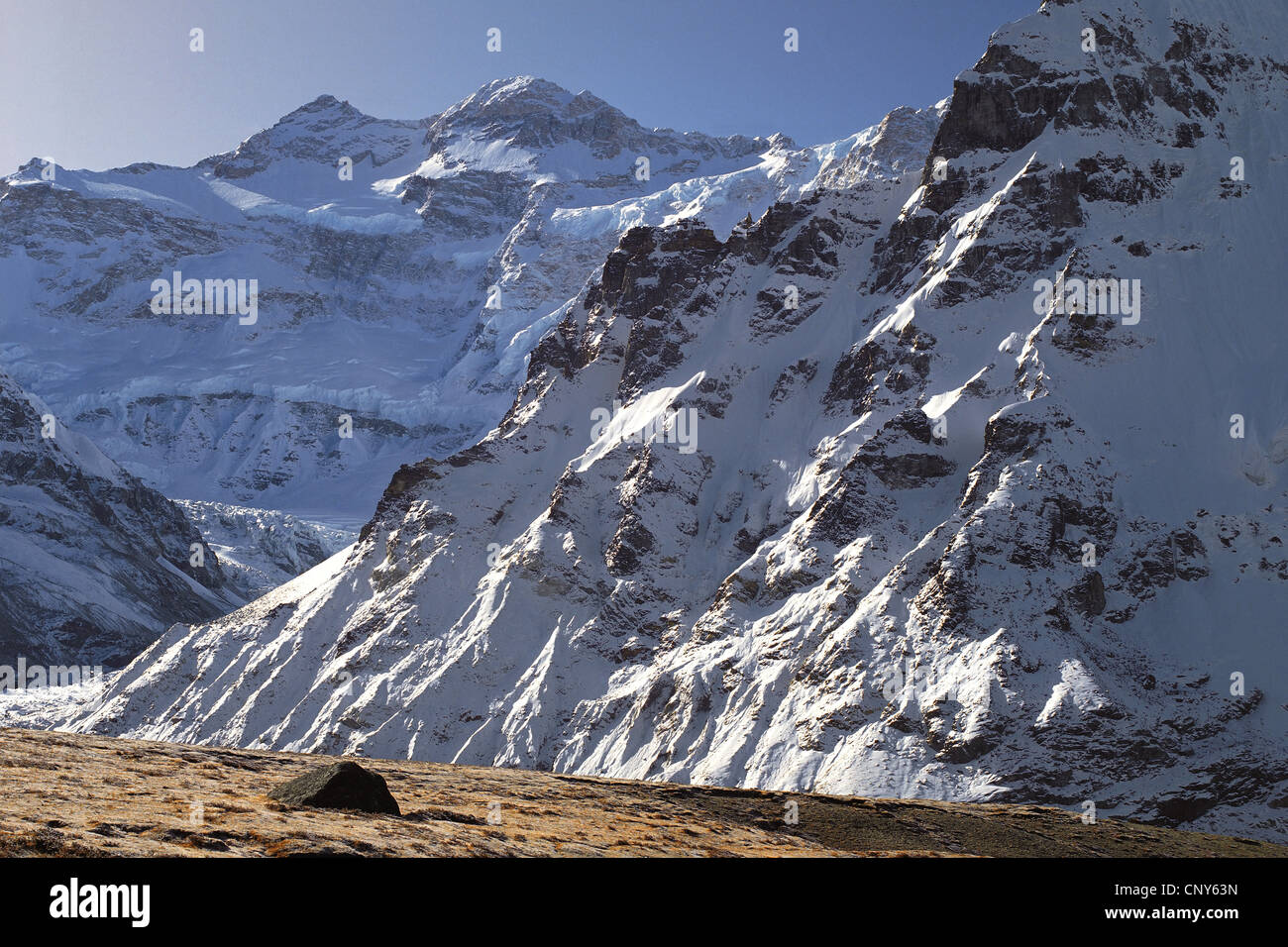 Gipfel des Kangchendzönga von Pang Pema, Nepal, Kangchendzoenga, Kangchenjunga gesehen Stockfoto
