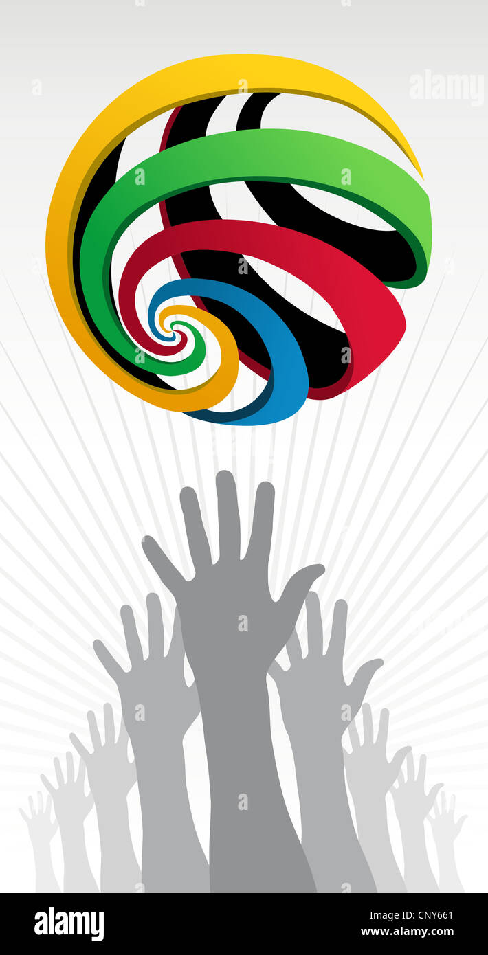 Die Hände Silhouetten, die versuchen, eine farbenfrohe Olympischen Kugel auf weißem Hintergrund zu erreichen. Vektor-Datei geschichtet für einfache Handhabung und Anpassung. Stockfoto