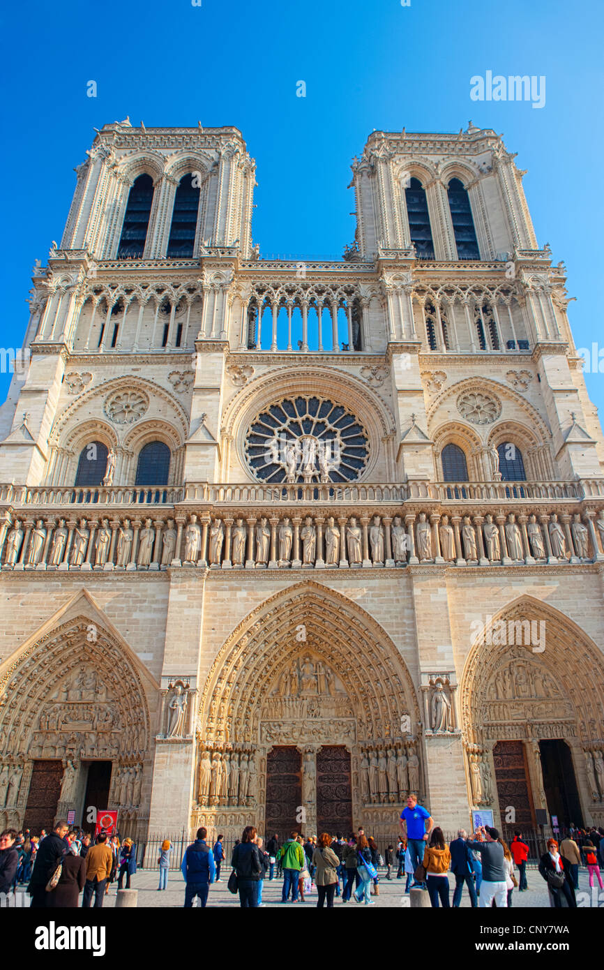 Notre Dame de Paris, Fassade und Besucher Stockfoto