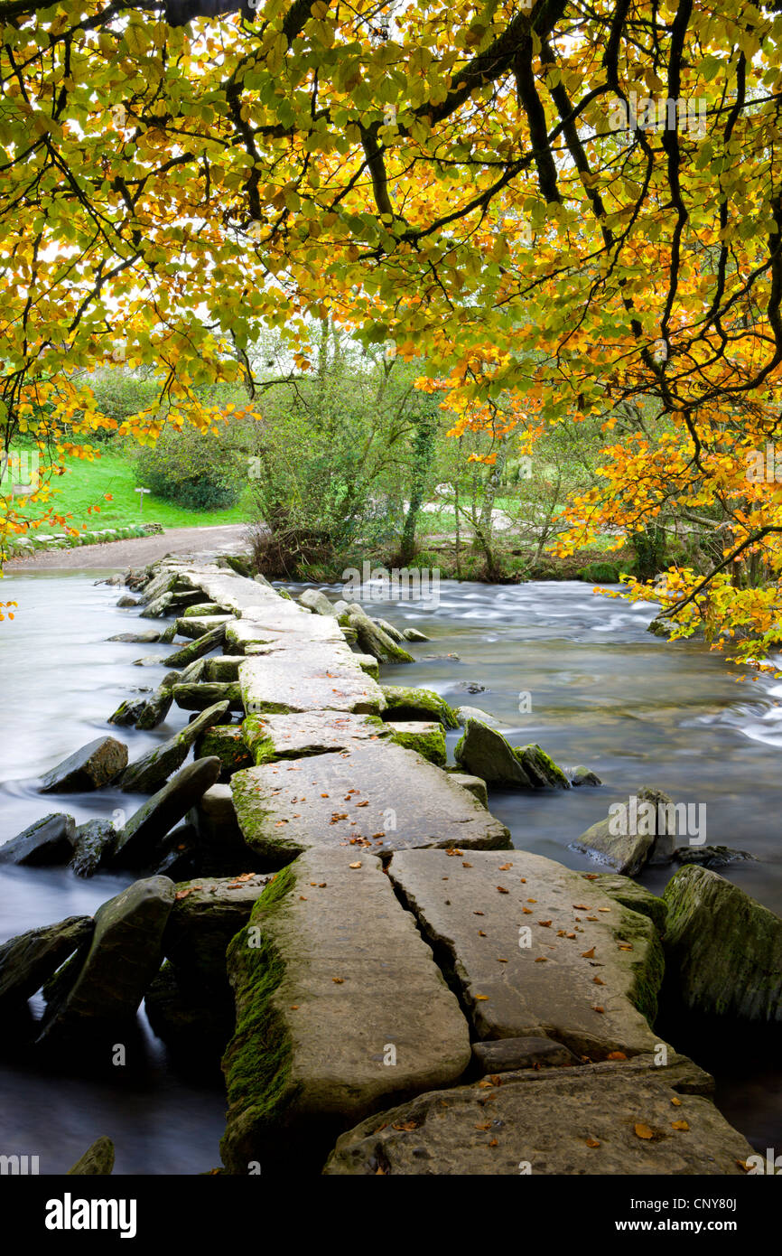 Tarr Steps Klöppel Brücke im Herbst, Exmoor National Park, Somerset, England Stockfoto