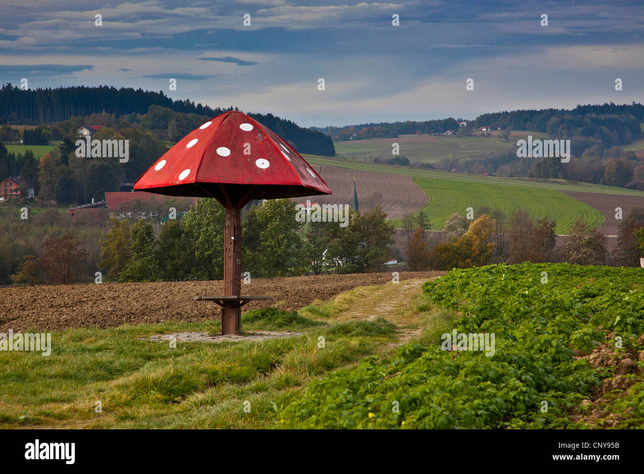 Unterstand für Wanderer nach dem Vorbild eines Fliegenpilzes auf einem Bergrücken der Hügel zwischen Feldern, Deutschland, Bayern, Isental, Dorfen Stockfoto