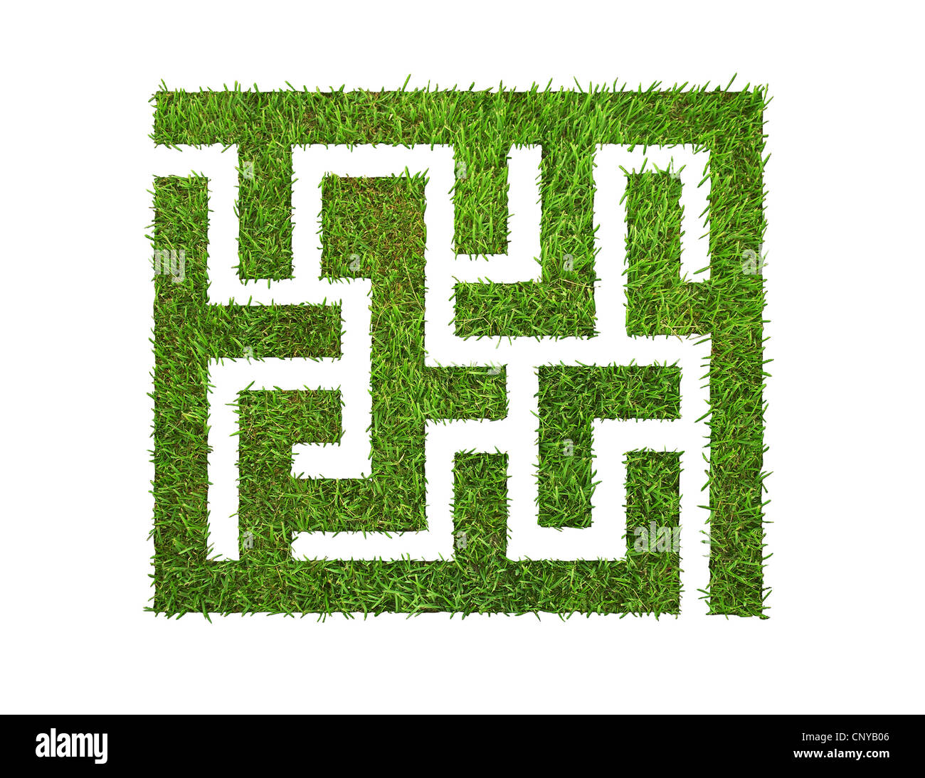 grünen Rasen-Labyrinth, auf grünem Hintergrund. isoliert auf weiss und Clipping-Pfad enthalten ist. Stockfoto