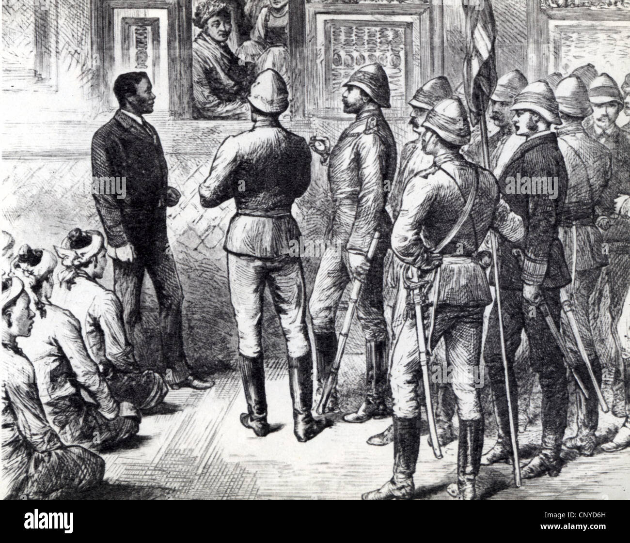 BURMA englischen Offiziere mit König Thebaw von Upper Burma am Fenster als Großbritannien sein Territorium im Jahre 1885 annektiert. Übersetzer auf der linken Seite Stockfoto