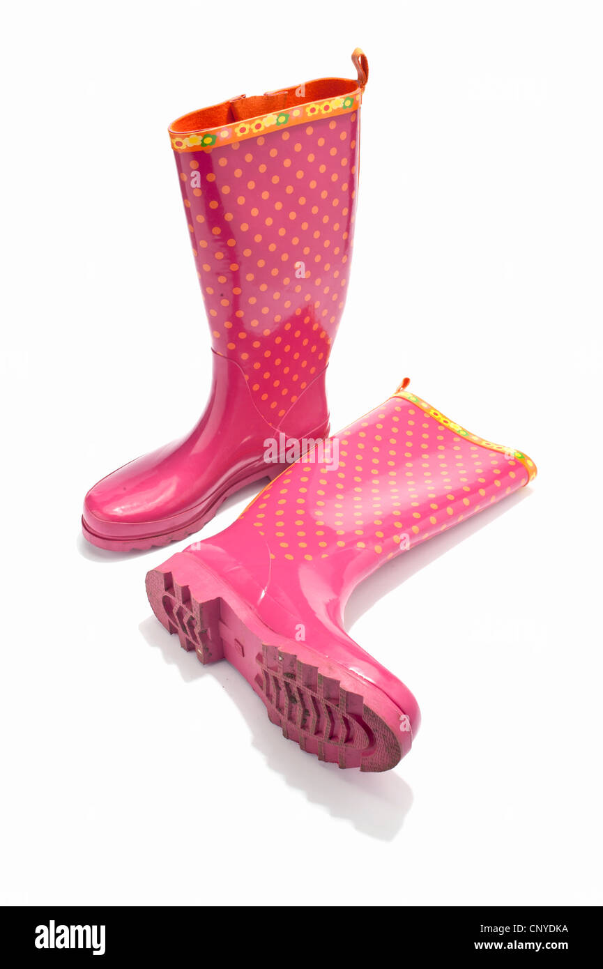 Ein paar aus Pink und Orange Stiefel Wellington Stockfoto
