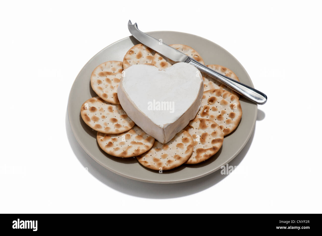 Ein Käse mit Crackern und Käsemesser auf einem Teller in Herzform Stockfoto