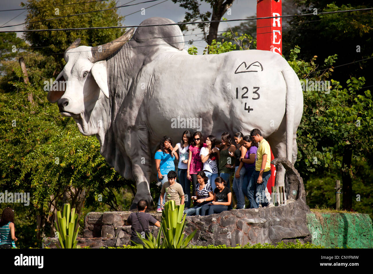 Gruppe von jungen Ticos posiert vor einer riesigen Werbung Kuh, Costa Rica, Mittelamerika Stockfoto