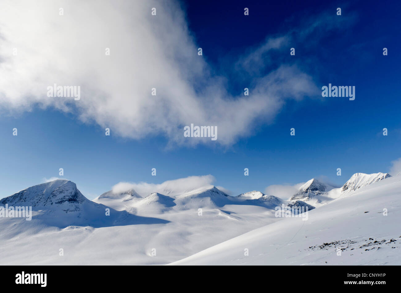 Tjaektja Joka Bergkette und Stuor Reaiddavaggi, Kebnekaise fiel, Schweden, Lappland, Norrbotten Stockfoto