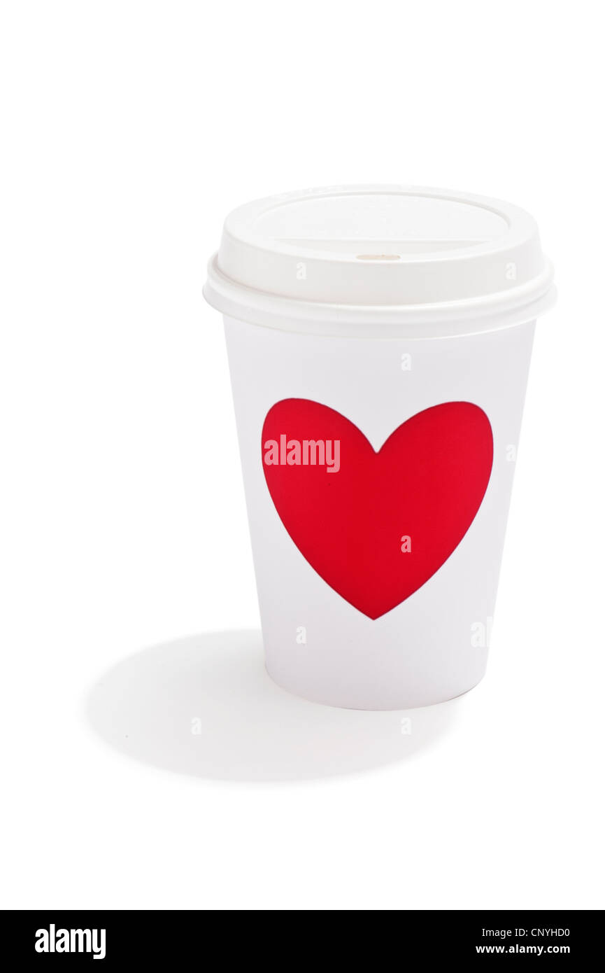 Ein Getränk zum Mitnehmen-Tasse mit einem roten Herz drauf Stockfoto