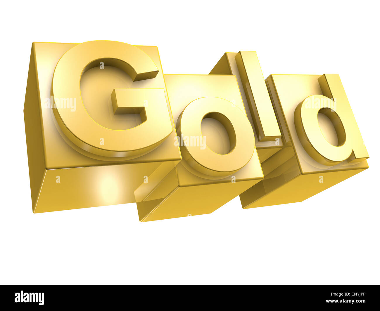 Das Wort GOLD im goldenen 3D Buchstaben auf weißem Hintergrund - Das Wort GOLD aus 3D Buchstaben gesetzt Stockfoto