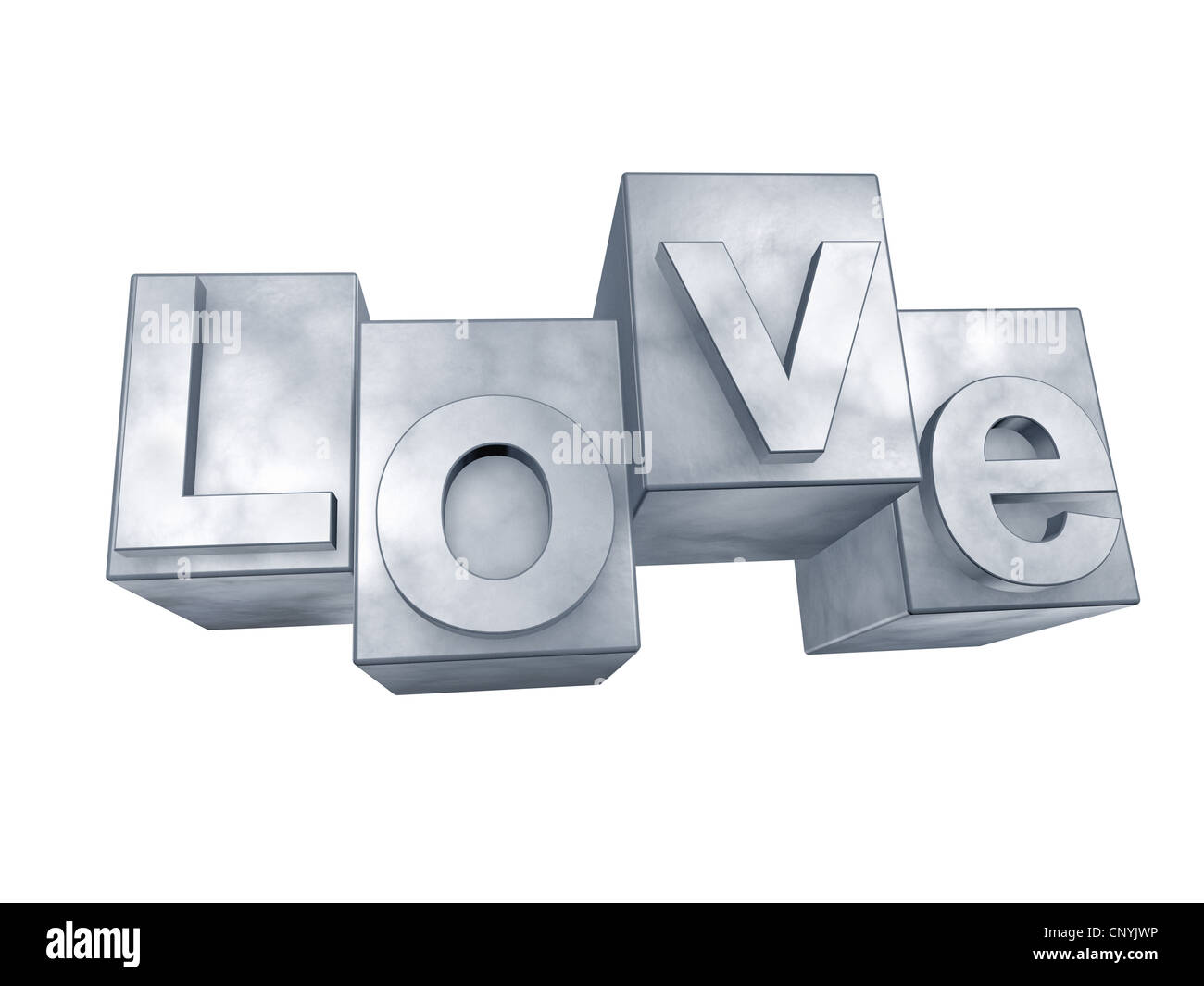 Das Wort Liebe in 3D Buchstaben auf weißem Hintergrund - Das Wort Liebe aus 3D Buchstaben gesetzt Stockfoto