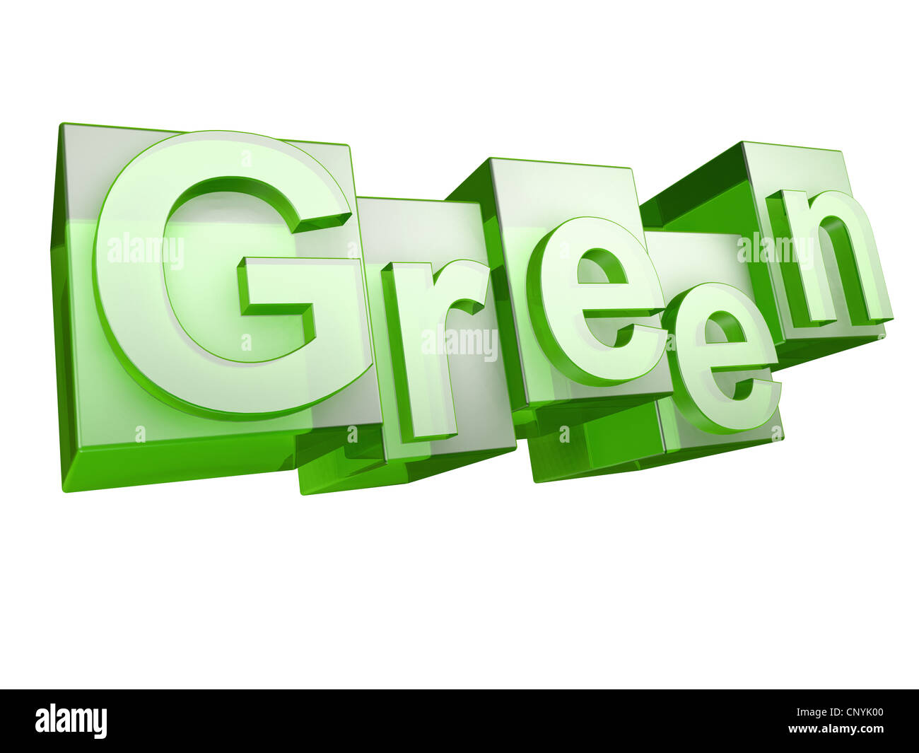 Das Wort grün in Grünglas Buchstaben auf weißem Hintergrund Stockfoto