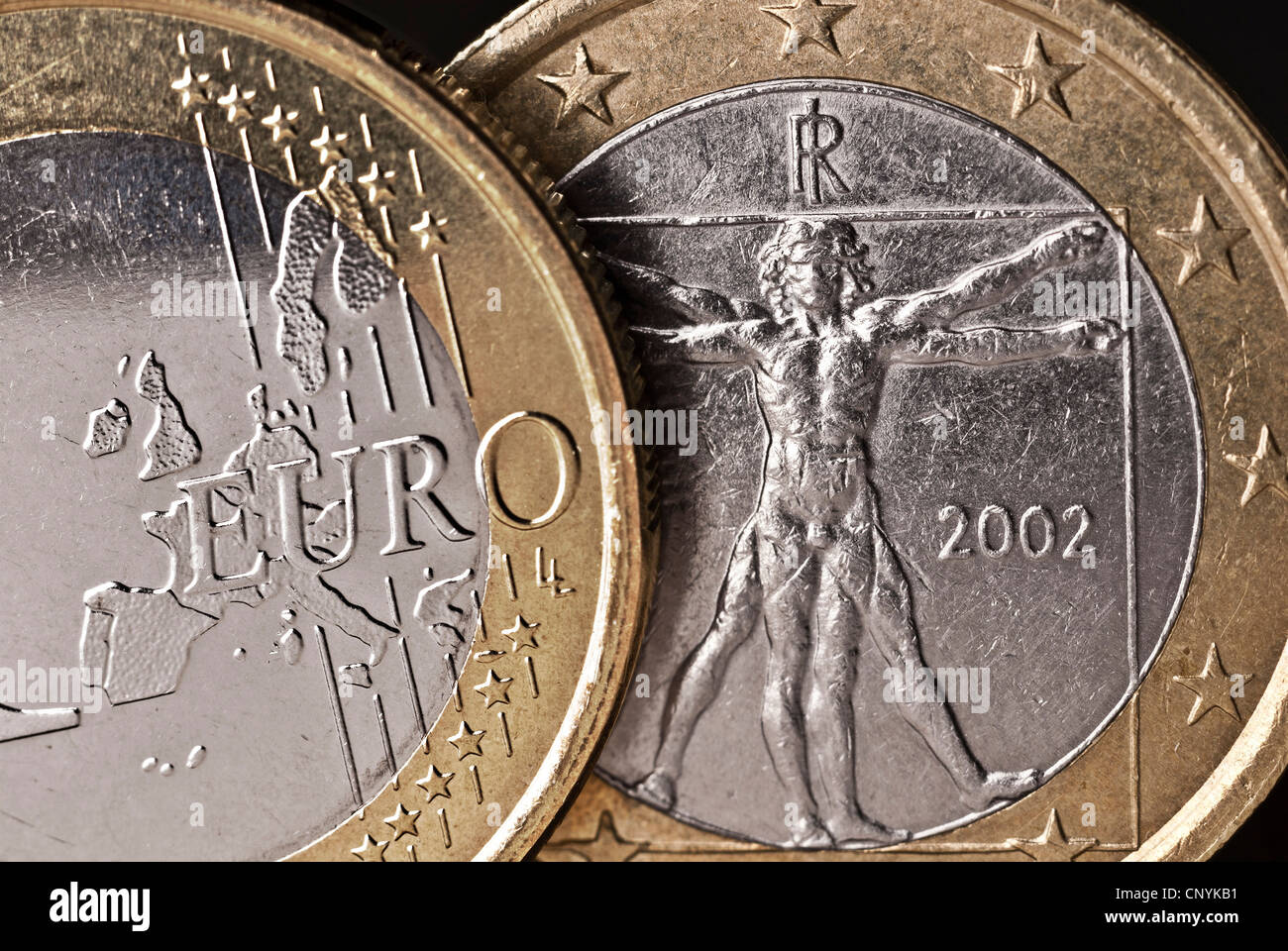 Vorder- und Rückseite eines italienischen € Münze in enger werden. Stockfoto