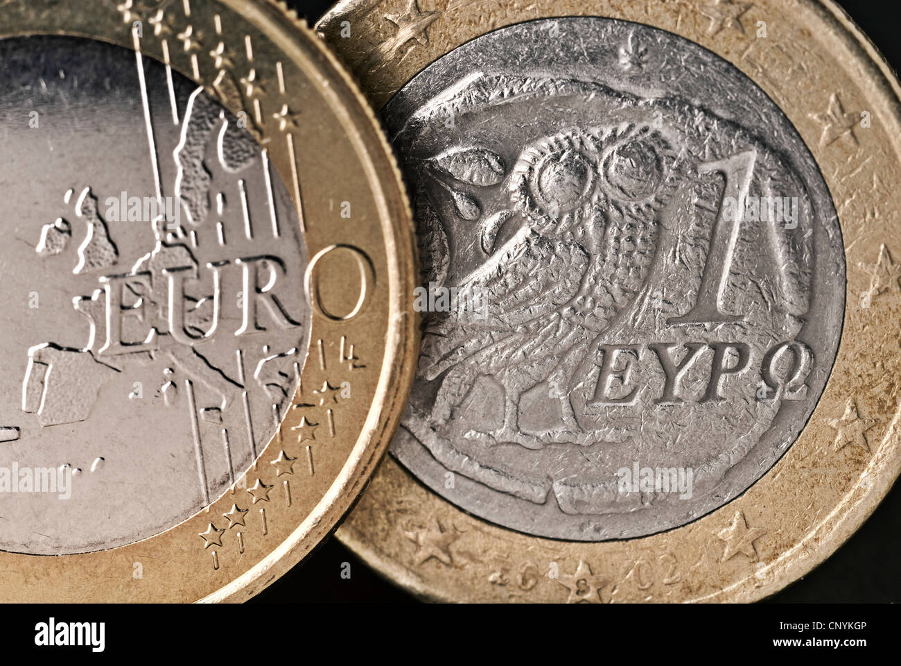 Vorder- und Rückseite einer griechischen € Münze in enger werden. Stockfoto