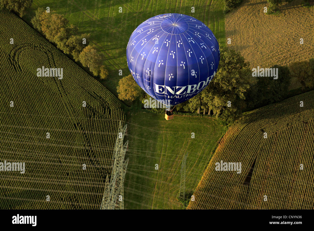Heißluft-Ballon Kreuzung Stromleitungen, Deutschland, Nordrhein-Westfalen, Bottrop Stockfoto