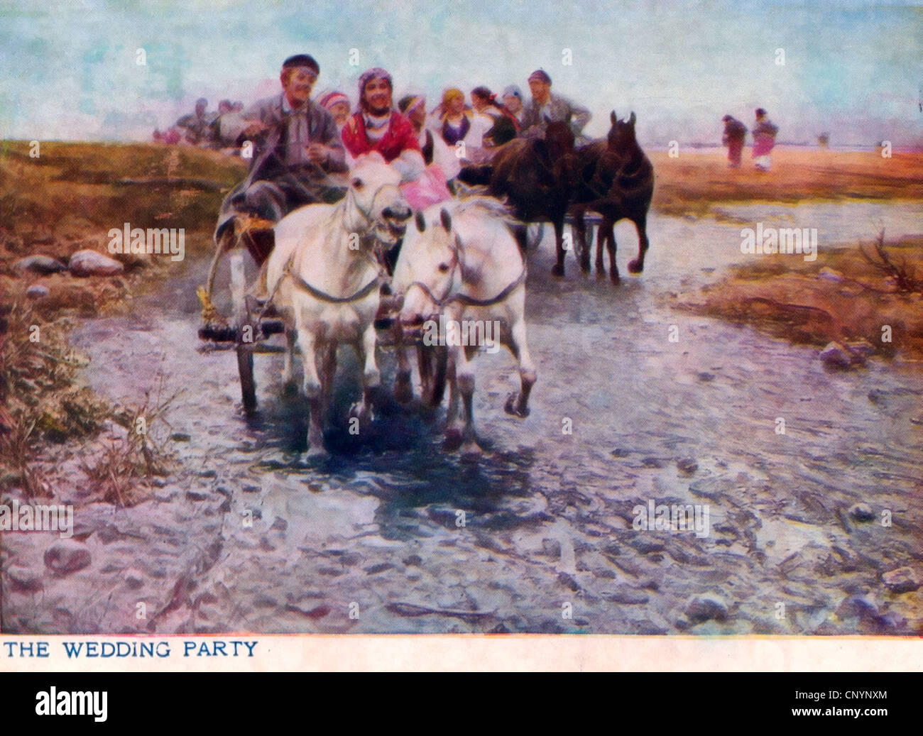 Die Hochzeit Partei - frisch verheiratetes Paar - Vintage Postkarte zeigt paar in Pferdekutsche Stockfoto