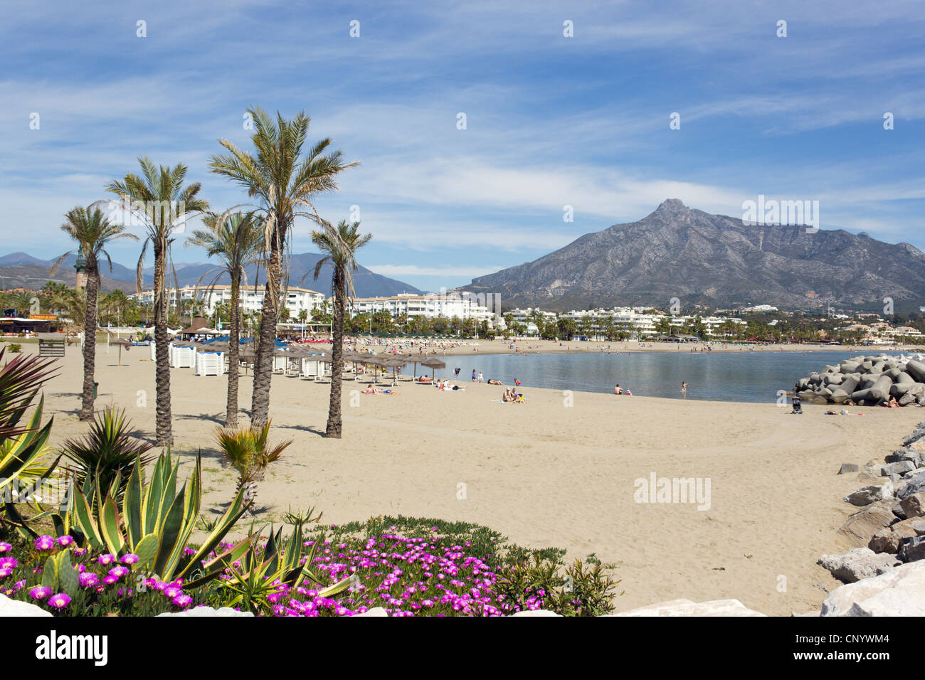 Puerto Banus, Marbella, Costa Del Sol, Andalusien, Spanien. Blick auf den Strand La Concha Berg im Hintergrund. Stockfoto