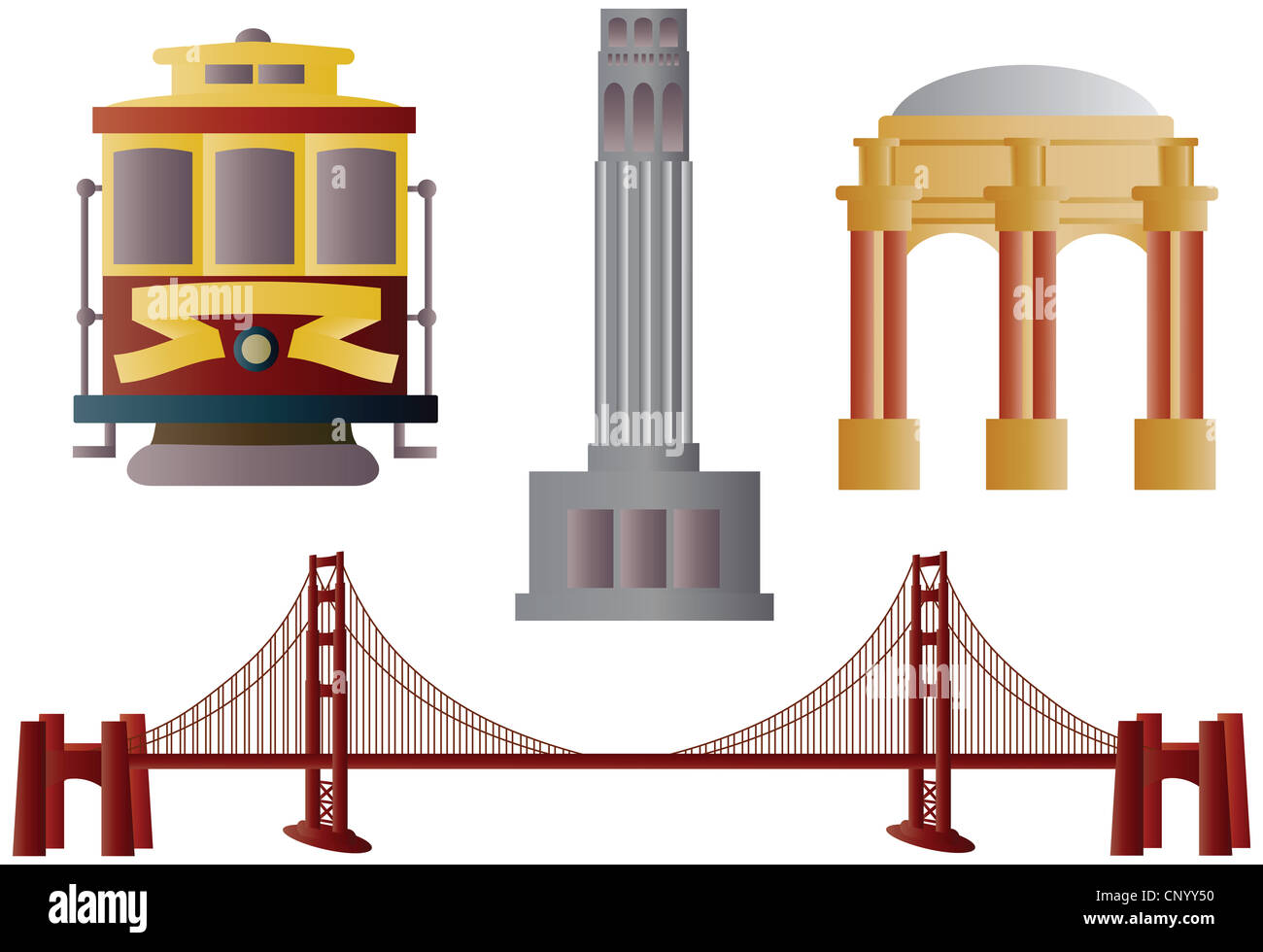 San Francisco Golden Gate Bridge Trolley Coit Tower und Palace of Fine Arts Illustration Stockfoto