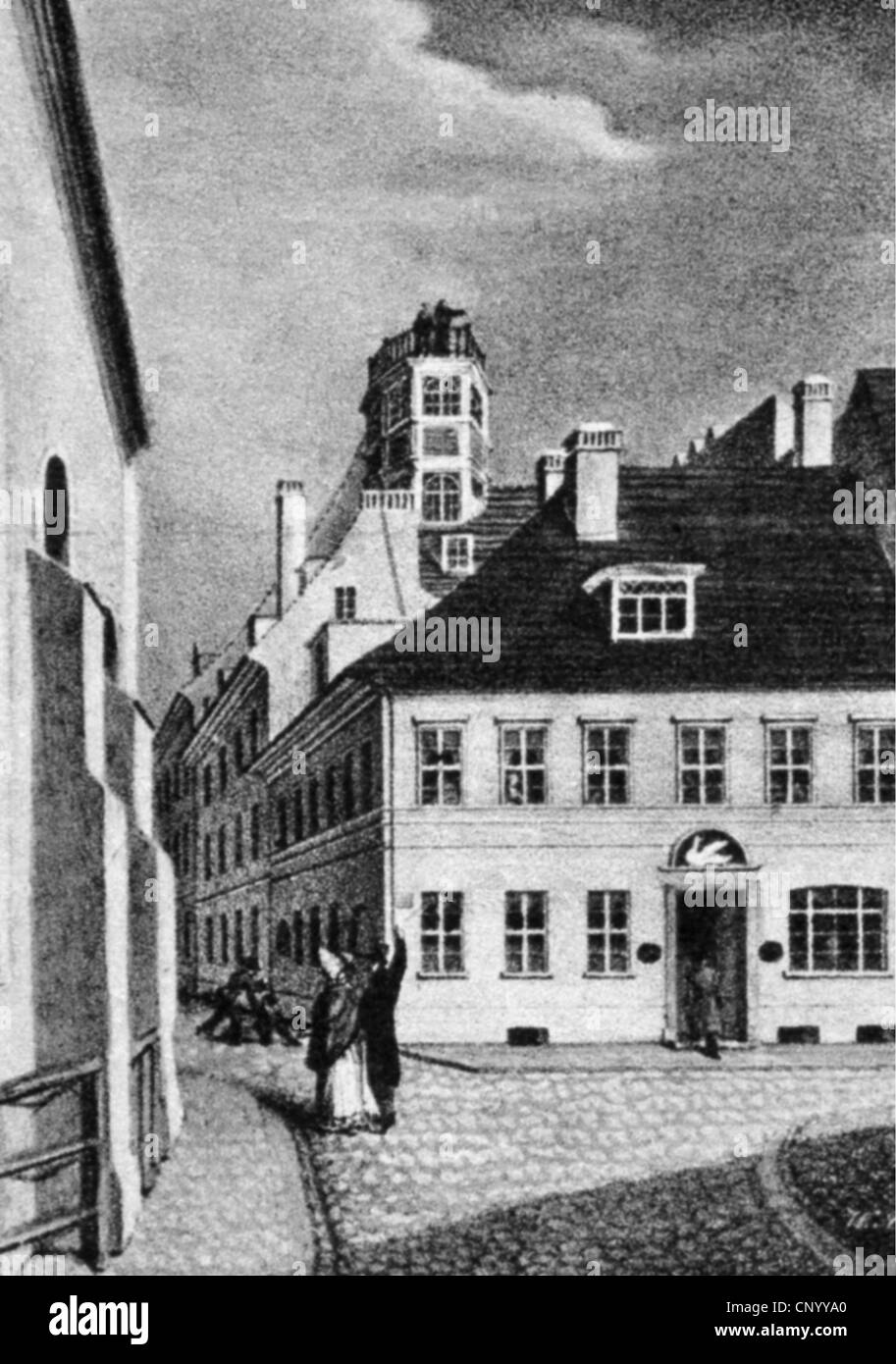 Fontane, Theodor, 30.12.181 - 20.9.1898, deutsche Schriftstellerin, Apotheke "Apotheke zum Weissen Schwan", Spandauer Straße, Berlin, Print After lithograph, ca. um 1840, Stockfoto