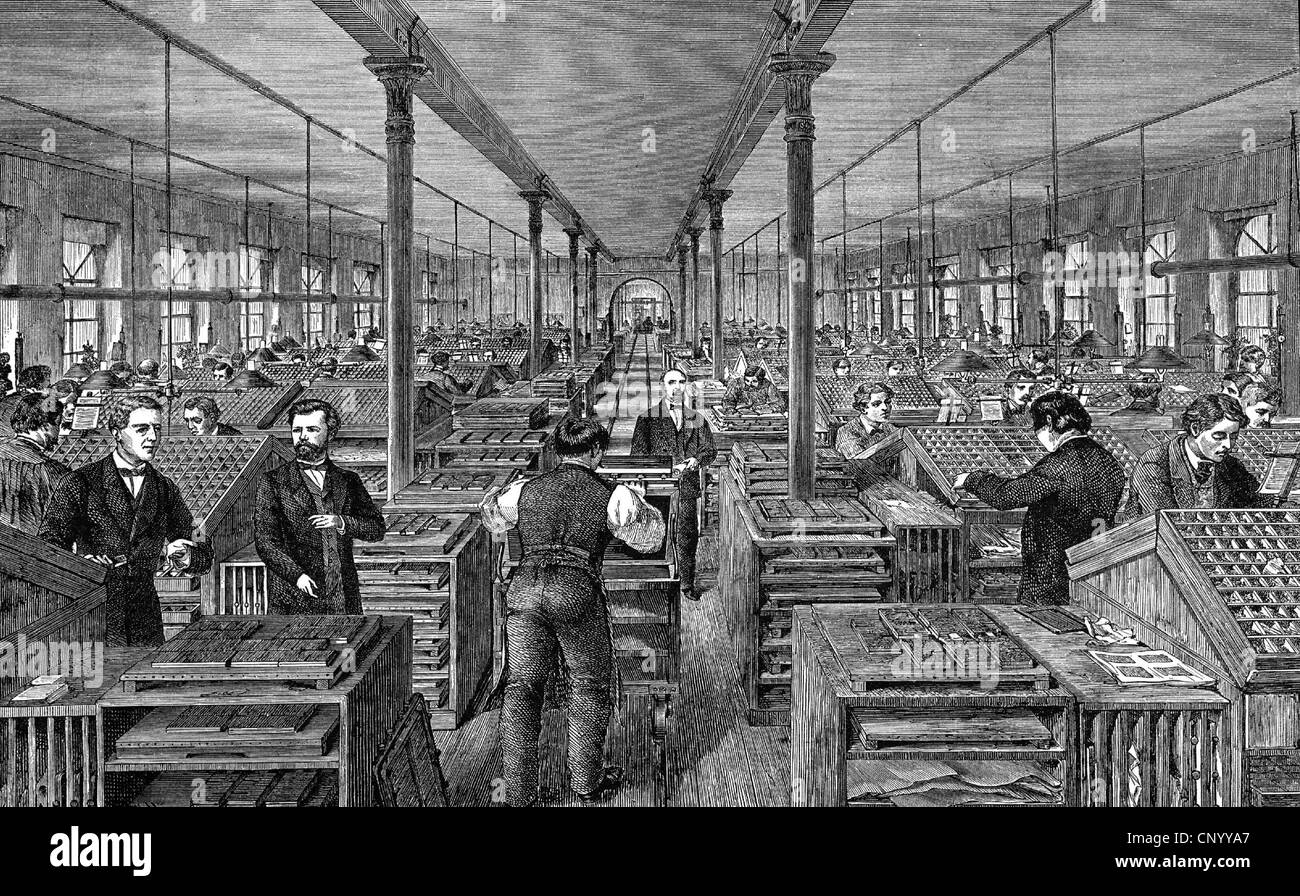 Technik, Buchdruck / Medien, Kompositionsraum, Kompositionsraum der Firma Brockhaus, Leipzig, Holzstich, um 1880, Zusatz-Rechteklärung-nicht vorhanden Stockfoto