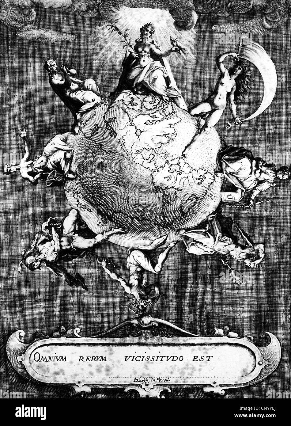 Allegorien, 'der Kreis der Welt' mit Globus als Glücksrad, 'Allen Dingen ist der Wechsel eigen', Kupferstich von Zacharias Dolendo nach Jacques de Gheyn II, 1596, Additional-Rights-Clearences-not available Stockfoto