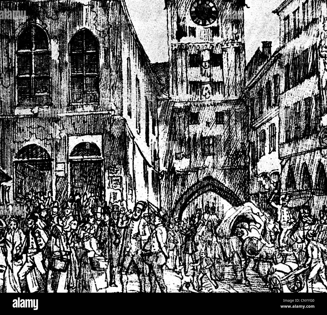 Revolutionen 1848/1849, Bayern, München, Ankündigung der Verbannung von Lola Montez und der Eröffnung der Universität, 12.2.1848, zeitgenössische Zeichnung, 19. Jahrhundert, historisch, historisch, Menschenmassen, Massen, Proteste, Deutsche Revolution, Süddeutschland, Süddeutschland, Deutschland, Mitteleuropa, Europa, Menschen, Zusatzrechte-Clearenzen-nicht vorhanden Stockfoto