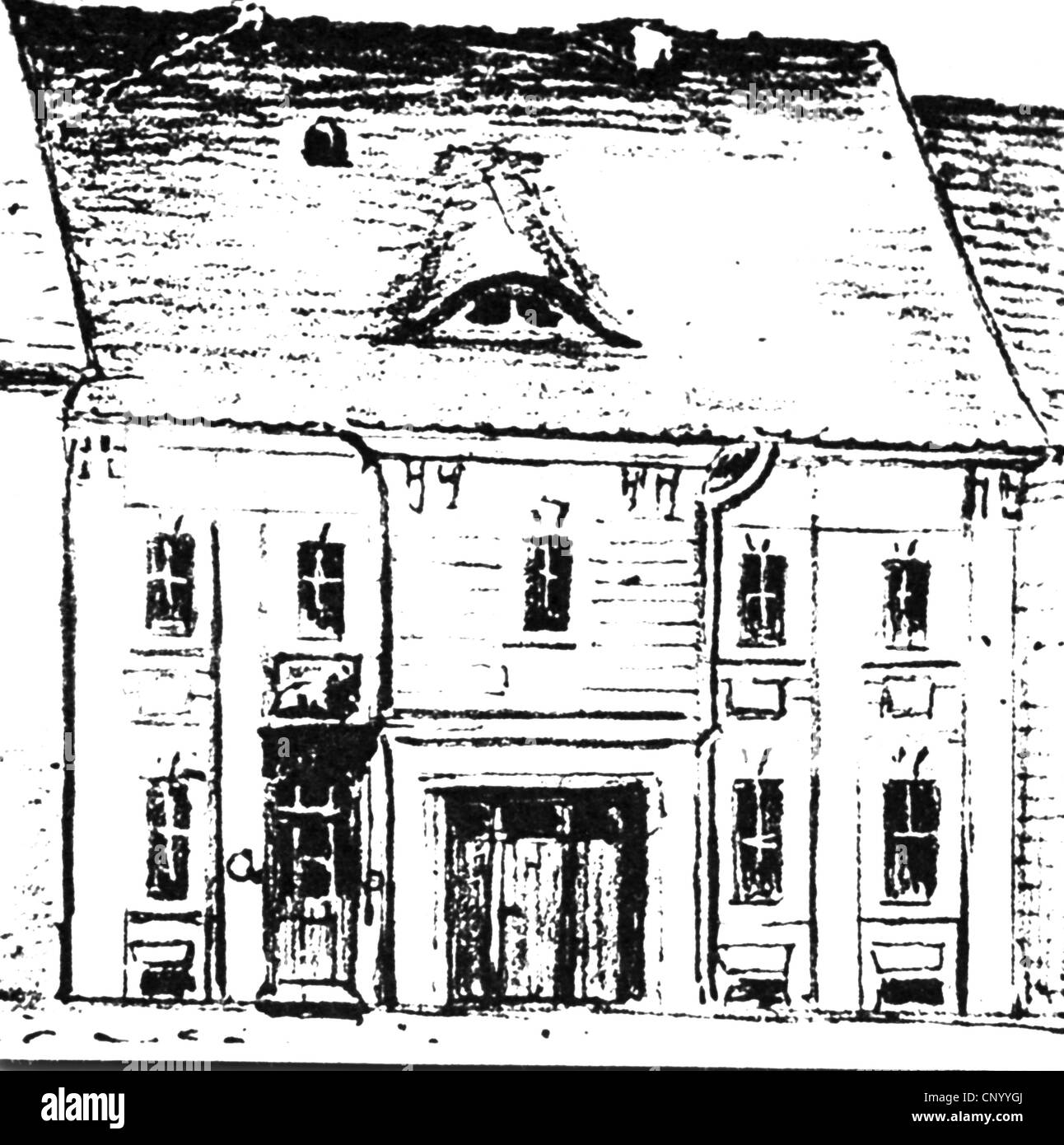 Fontane, Theodor, 30.12.1819 - 20.9.1898, deutscher Schriftsteller, Geburtshaus, "Löwenapotheke", Neuruppin, Zeichnen, Stockfoto