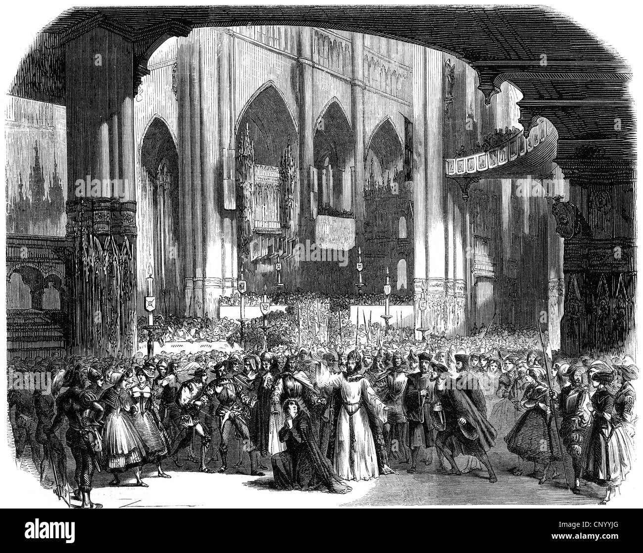 Meyerbeer, Giacomo, 5.9.Inaz - 2.5.1864, deutscher Musiker (Komponist), Szene aus seiner Oper 'Der Prophet', Holzgravur, 19. Jahrhundert, Stockfoto