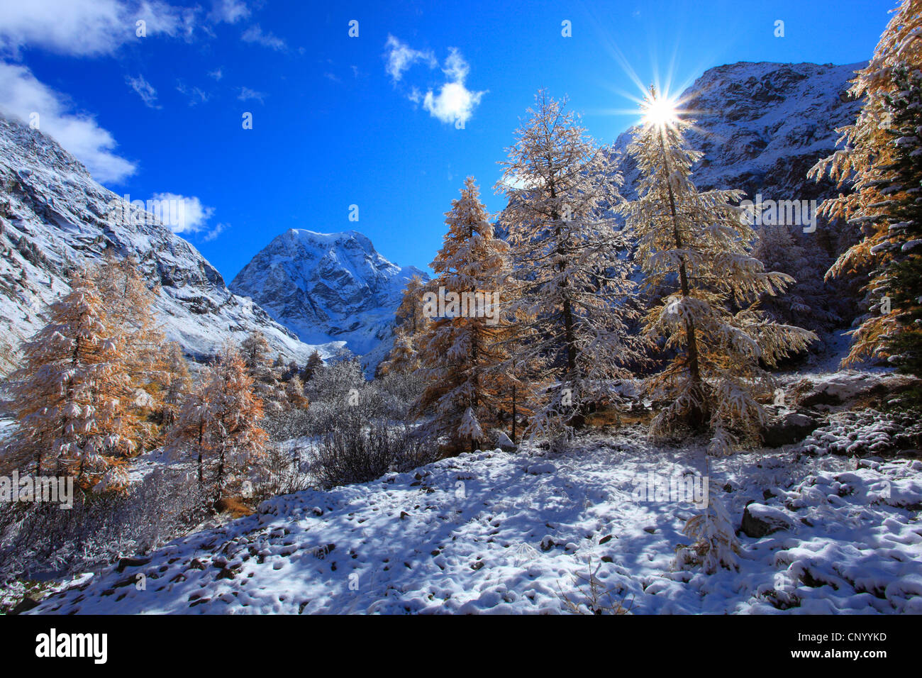 verschneite Berglandschaft mit Mount Collon, Arolla-Tal, Schweiz, Wallis Stockfoto